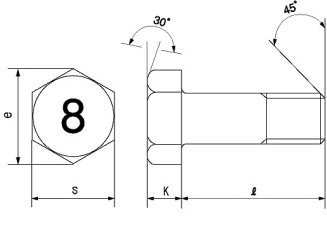 鋼 (8マーク)六角ボルト(半ねじ・細目M12 p＝1.5) 製品図面