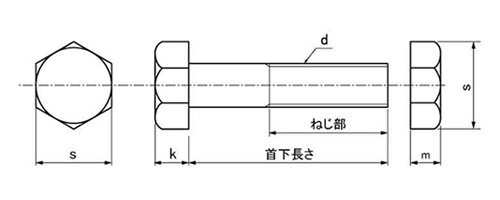 鉄 六角ボルト ナット付 (胴太(カットボルト(インチ・ウイット) 製品図面