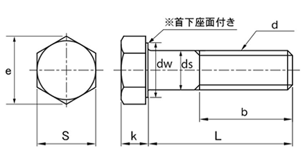 ステンレス 高強度A2-90 六角ボルト(半ねじ)(SUS304CUN) 製品図面