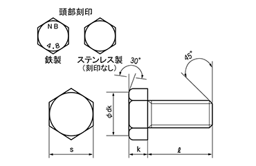 ステンレス 六角ボルト(全ねじ)(日本鋲螺製) 製品図面