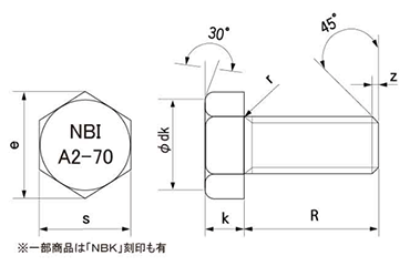 ステンレス 高強度A2-70 六角ボルト(全ねじ)(日本鋲螺品) 製品図面