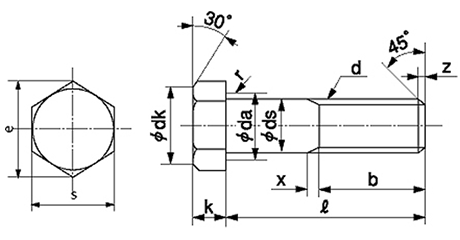 ステンレス 高強度A2-70 六角ボルト(半ねじ)(日本鋲螺品) 製品図面
