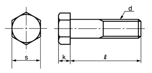 ステンレス 六角ボルト(半ねじ)(インチ・ウイット)(他国・輸入品) 製品図面