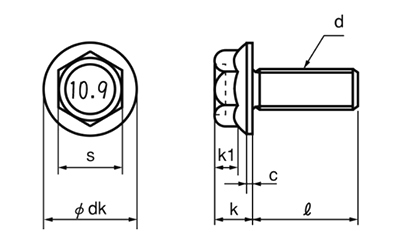 鋼 強度区分10.9 フランジボルト (2種・セレート無)(細目) 製品図面