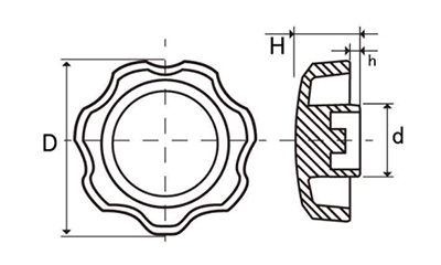 Dキャップ(黒色)(菊型) 六角穴付ボルト圧入用キャップのみ(樹脂POM製) 製品図面