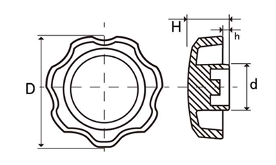 Dキャップ(赤色)(菊型) 六角穴付ボルト圧入用キャップのみ(樹脂POM製) 製品図面