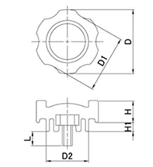 鉄 グリップボルト 黒 ABS樹脂 G1(小型)菊型 ねじ部鉄 (三星産業) 製品図面