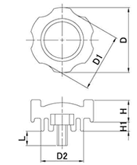 鉄 グリップボルト 黒 ABS樹脂 G3(大型)菊型 ねじ部鉄 (三星産業) 製品図面