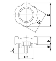 鉄 グリップボルト 黒 ABS樹脂 G4(特大型)菊型 ねじ部鉄 (三星産業) 製品図面