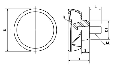 ラージグリップボルト (D45)黒ナイロン樹脂 丸型 ねじ部黄銅 (大丸鋲螺) 製品図面