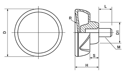 ラージグリップボルト (D70)黒ナイロン樹脂 丸型 ねじ部黄銅 (大丸鋲螺) 製品図面