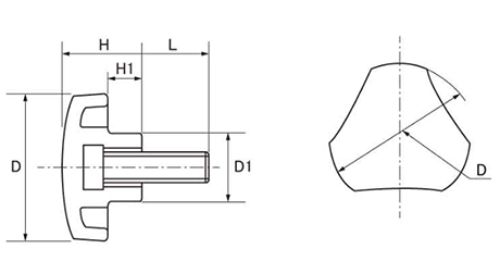 鉄 グリップボルトS2 (黒樹脂)三角形 ねじ部鉄 (大丸鋲螺) 製品図面