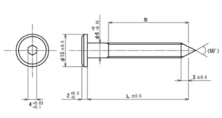 鉄 ジョイントコネクターボルトCタイプ JCB-C首下段無し(六角穴)(頭径D＝13)(安達鋼業製) 製品図面