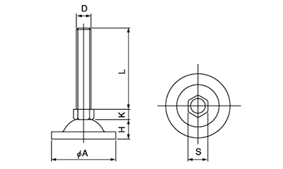 鉄 アジャスト調整レベルボルト (台座小径φ60タイプ) 製品図面