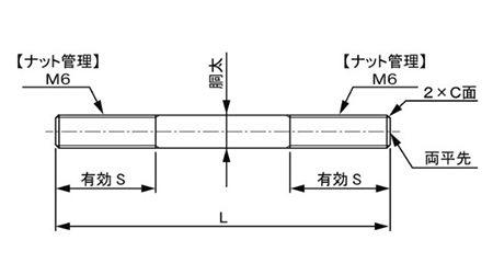 ステンレス 植込みボルト(両端ねじ8mm・スタットボルト)(平先/胴太)(*) 製品図面