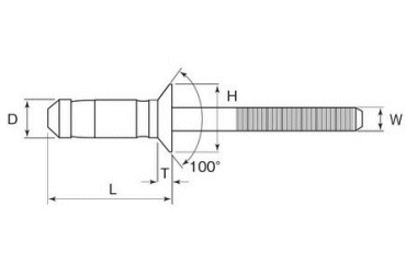 ロブテックス 鉄-鉄 ワイドバルブリベット皿頭LSWB (高強度・広範囲カシメ用) 製品図面