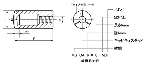 軟鋼 めねじキャビティスタッド MSCA6-T型(ねじ有)(外径＝10) 日本ドライブイット 製品図面