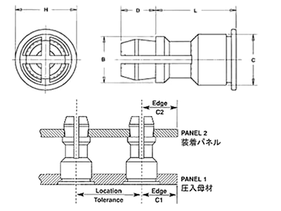 鉄 PEM セルフクリンチング スナップトップ スタンドオフ・スペーサ (SSS) 製品図面
