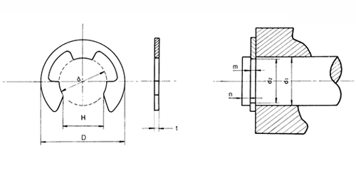 ステンレス E形止め輪(Eリング)スタック(連結型)(大陽ステンB規格製) 製品図面