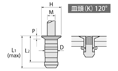 鉄-鉄 POP HSタイプ(ブラインド)リベット SK■HS (皿頭)(構造体用) 製品図面