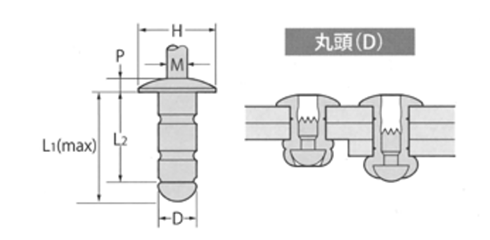 アルミ-鉄 POP SMHタイプ(低座屈・ブラインド)リベット TAP-D■SMH (丸頭) 製品図面