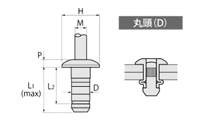 アルミ-アルミ POP ハイストレングスリベット (AD■AHS)(丸頭)(構造体用) 製品図面