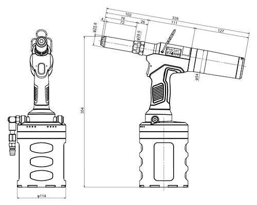 POP リベットツール(空油圧式プロ用ツール) PROSET XT4-AHR (小型軽量) 製品図面