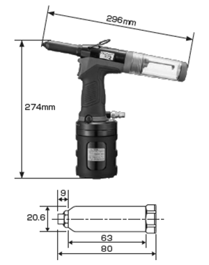 POPリベットツール(空油圧式プロ用ツール) PROSET XT2 (タイプ中) 製品図面