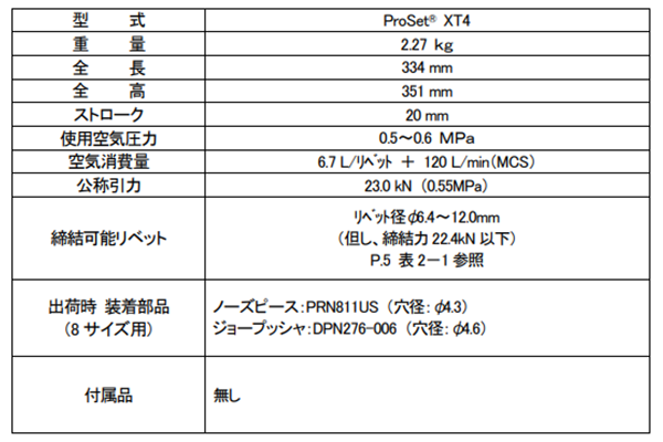 POPリベットツール(空油圧式プロ用ツール) PROSET XT4 (小型軽量) 製品規格