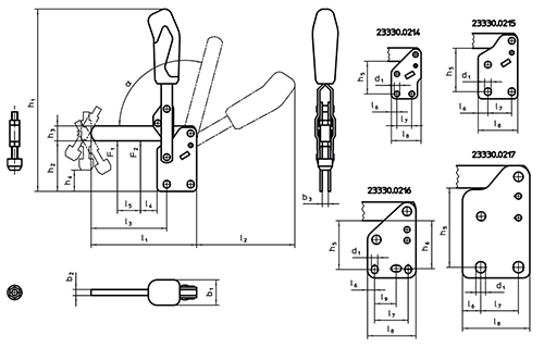 鋼 縦型トグルクランプ縦型固定板とサポートアーム付 (23330)(ロームヘルド・ハルダー) 製品図面