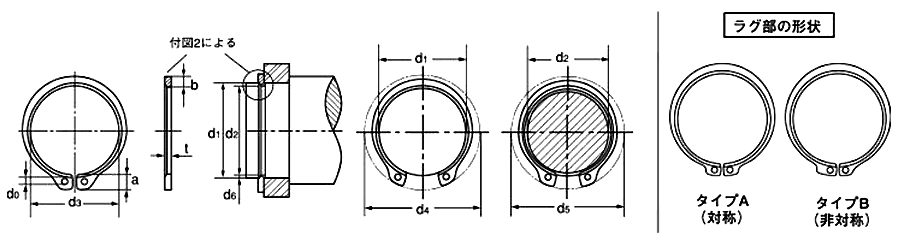 鉄 ベベル形 止め輪 軸用(オチアイ製) 製品図面