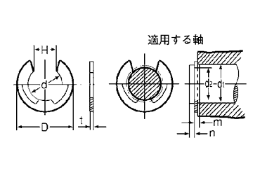 鉄 E形止め輪(Eリング)スタック(連結型)(オチアイ製) 製品図面