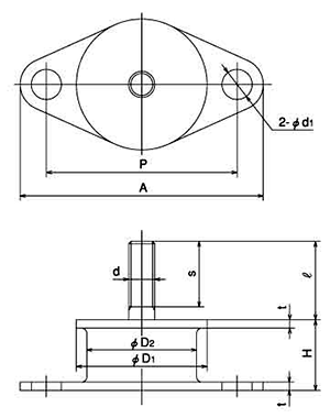 丸形防振ゴム (KB形) 片ボルトタイプ(ナット、座金各1個付) 製品図面