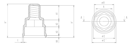 エラストマー(TPE) ダブル六角ナットワッシャー付キャップ(内ねじ付)(AWJ) 製品図面