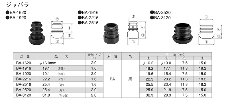 樹脂 脚中栓(BA)黒色(保護カバー・キャップ)(大昌産業) 製品規格