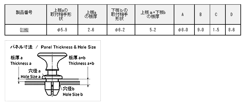 ニフコ 小型ニフラッチ (2パーツ構成)(01HU) 製品規格