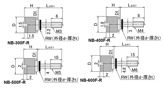 黄銅 ローレットツマミ(スリ割 段付 胴細・NBR黒色ワッシャー組込) NB-F-R /頭径φ6x6H (Bタイプ)(ニッケルメッキ) 製品図面
