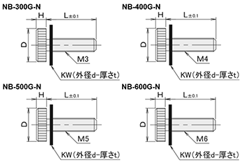 黄銅 ローレットツマミ(低頭・半透明 66ナイロンワッシャー組込) NB-G-N /頭径φ16x3H (Z3タイプ)(ニッケルメッキ) 製品図面