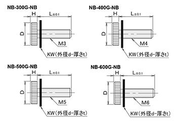 黄銅 ローレットツマミ(低頭・黒色 66ナイロンワッシャー組込) NB-G-NB /頭径φ10x3H (Oタイプ)(ニッケルメッキ) 製品図面
