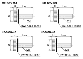 黄銅 ローレットツマミ(低頭・衝撃吸収白色 ナイロンワッシャー組込) NB-G-NQ /頭径φ12x6H (Wタイプ)(ニッケルメッキ) 製品図面