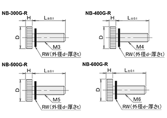 黄銅 ローレットツマミ(低頭・NBR黒色ワッシャー組込) NB-G-R /頭径φ10x3H (Oタイプ)(ニッケルメッキ) 製品図面