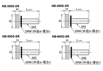 黄銅 ローレットツマミ(低頭・シリコンゴムワッシャー組込) NB-G-SR /頭径φ12x6H (Wタイプ)(ニッケルメッキ) 製品図面
