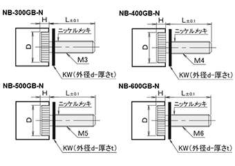 黄銅 ローレットツマミ(低頭・半透明 66ナイロンワッシャー組込) NB-GB-N /頭径φ16x3H (Z3タイプ)(頭部 黒色焼き付け処理) 製品図面