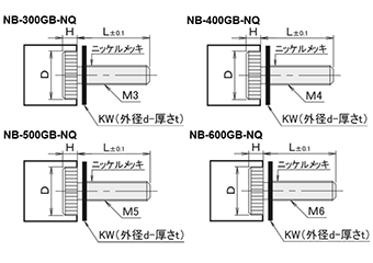 黄銅 ローレットツマミ(低頭・衝撃吸収白色 ナイロンワッシャー組込) NB-GB-NQ /頭径φ12x3H (Uタイプ)(頭部 黒色焼き付け処理) 製品図面