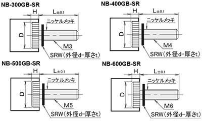 黄銅 ローレットツマミ(低頭・シリコンゴムワッシャー組込) NB-GB-SR /頭径φ10x3H (Oタイプ)(頭部 黒色焼き付け処理) 製品図面