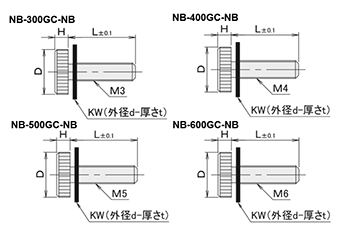 黄銅 ローレットツマミ(低頭・黒色 ナイロンワッシャー組込) NB-GC-NB /頭径φ10x3H (Oタイプ)クロムメッキ (バフ研磨) 製品図面