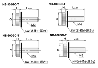 黄銅 ローレットツマミ(低頭・PTFEワッシャー組込) NB-GC-T /頭径φ10x3H (Oタイプ)クロムメッキ (バフ研磨) 製品図面