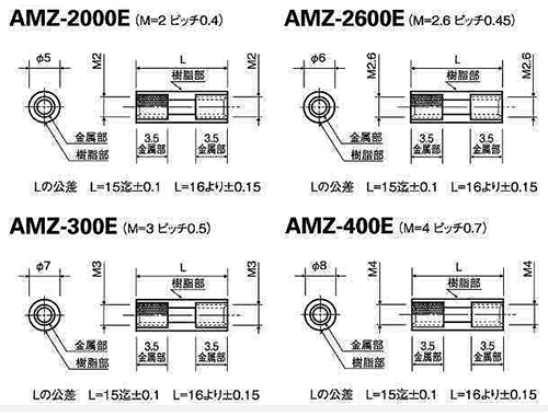 ジュラネックス(PBT)金属付PBT 丸型スペーサー(両メスねじ) / AMZ-E 製品図面