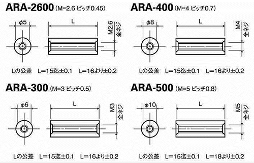 ABS樹脂 丸型スペーサー(両メスねじ・アイボリー色) / ARA 製品図面