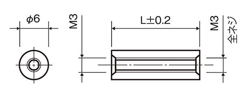 ジュラコン(POM)(黒色)丸型スペーサー 両メスねじ 安価品 AR-BR (ネジ径x長さ) 製品図面